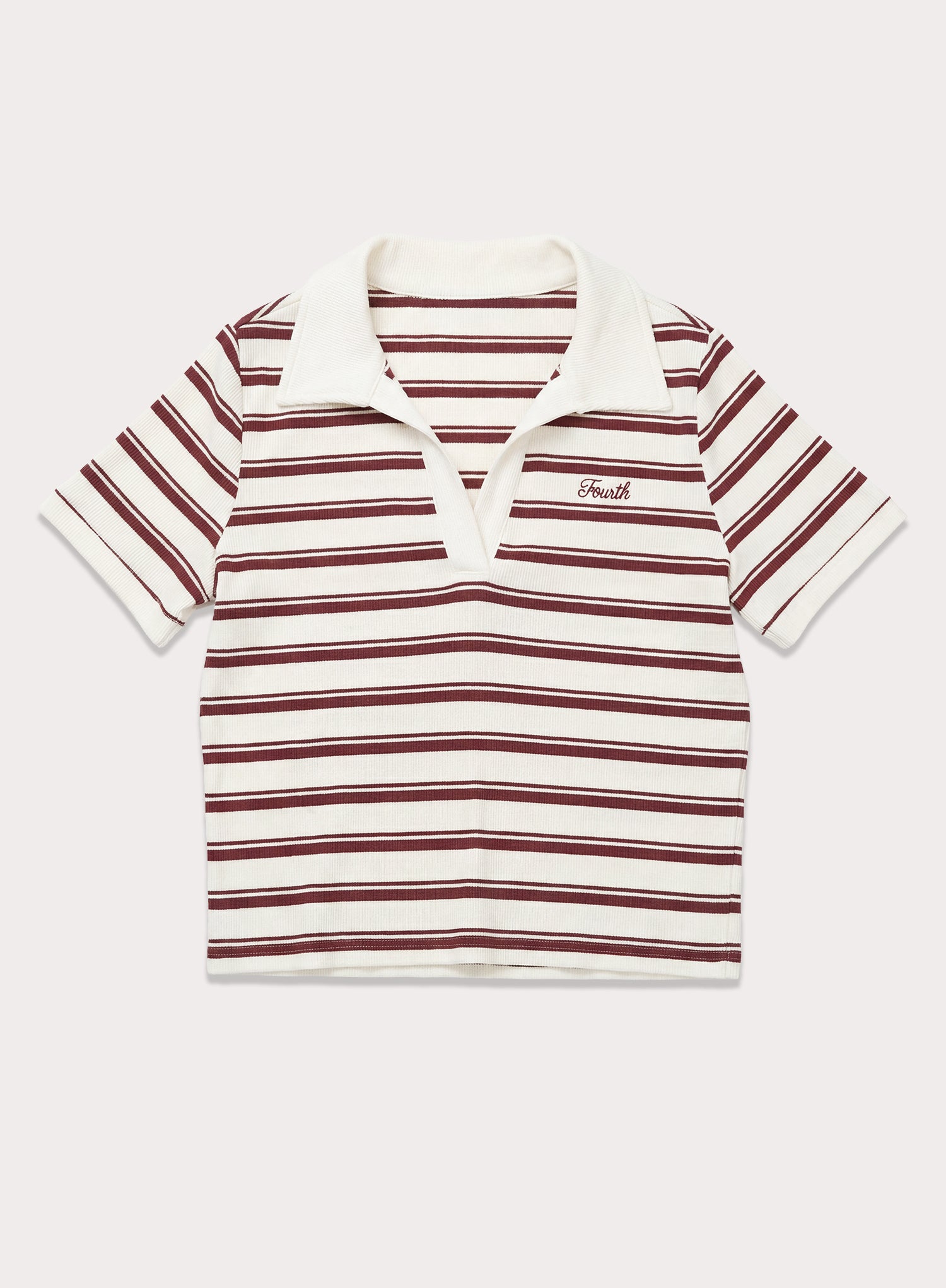 White And Brown Stripe Ribbed Short Sleeve Jersey Polo Top